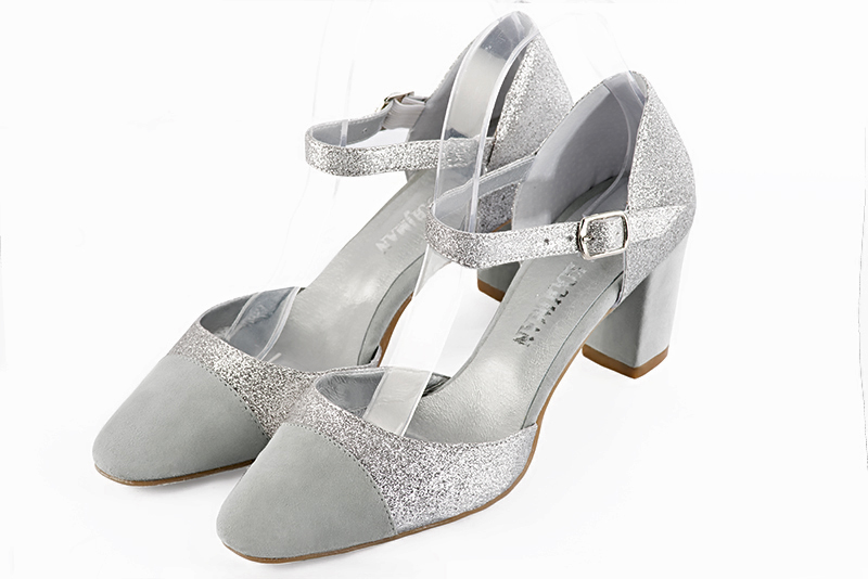 Pearl grey and light silver women's open side shoes, with an instep strap. Round toe. Medium block heels. Front view - Florence KOOIJMAN